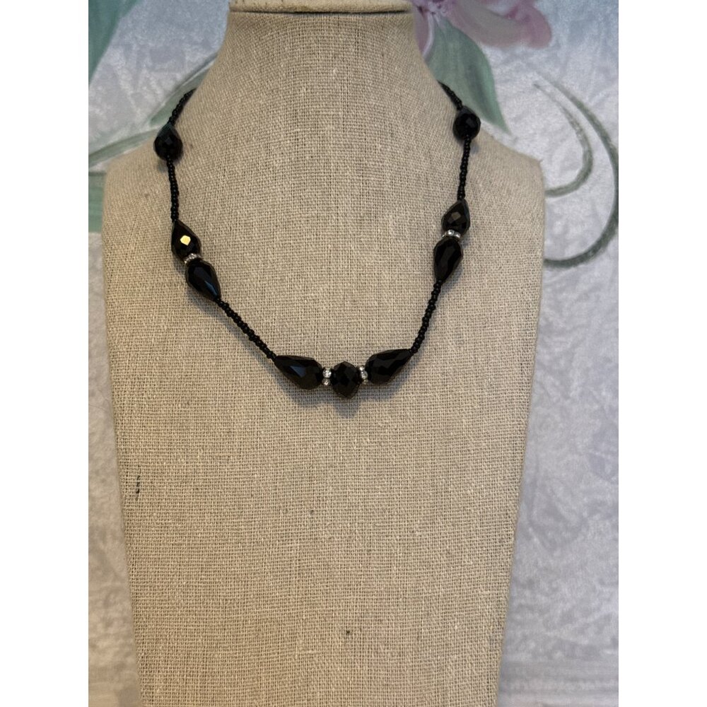 Black Beaded Necklace With Faceted Teardrop Beads & Silver Accents Adjustable